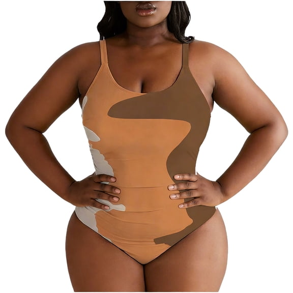 One Piece Swimsuits for Women Plus Size Padded Color Block Scoop Neck Bathing Suits Tummy Control Flattering High Cut Monokini Beachwear