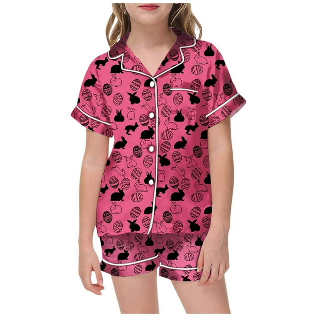 MIASHUI Ensemble de Pyjama de Pâques 2 Pcs Garçon Fille Haut à Manches Courtes et Pantalon Tenue de Nuit, Rose Vif, 6-7 Ans