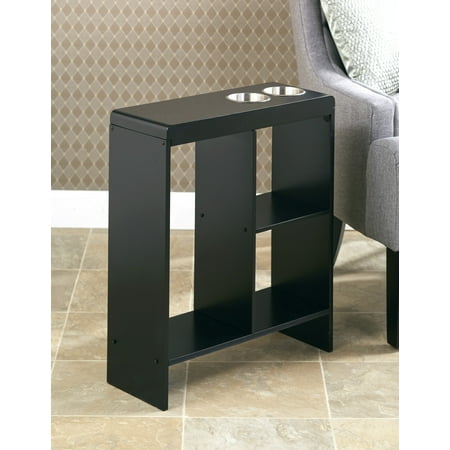 Slim Wood End Table with Drink Holders and Built-in Shelving - Black