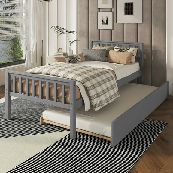Twin Bed with Trundle, Platform Bed Frame with Headboard and Footboard for Bedroom Small Living Space, Grey