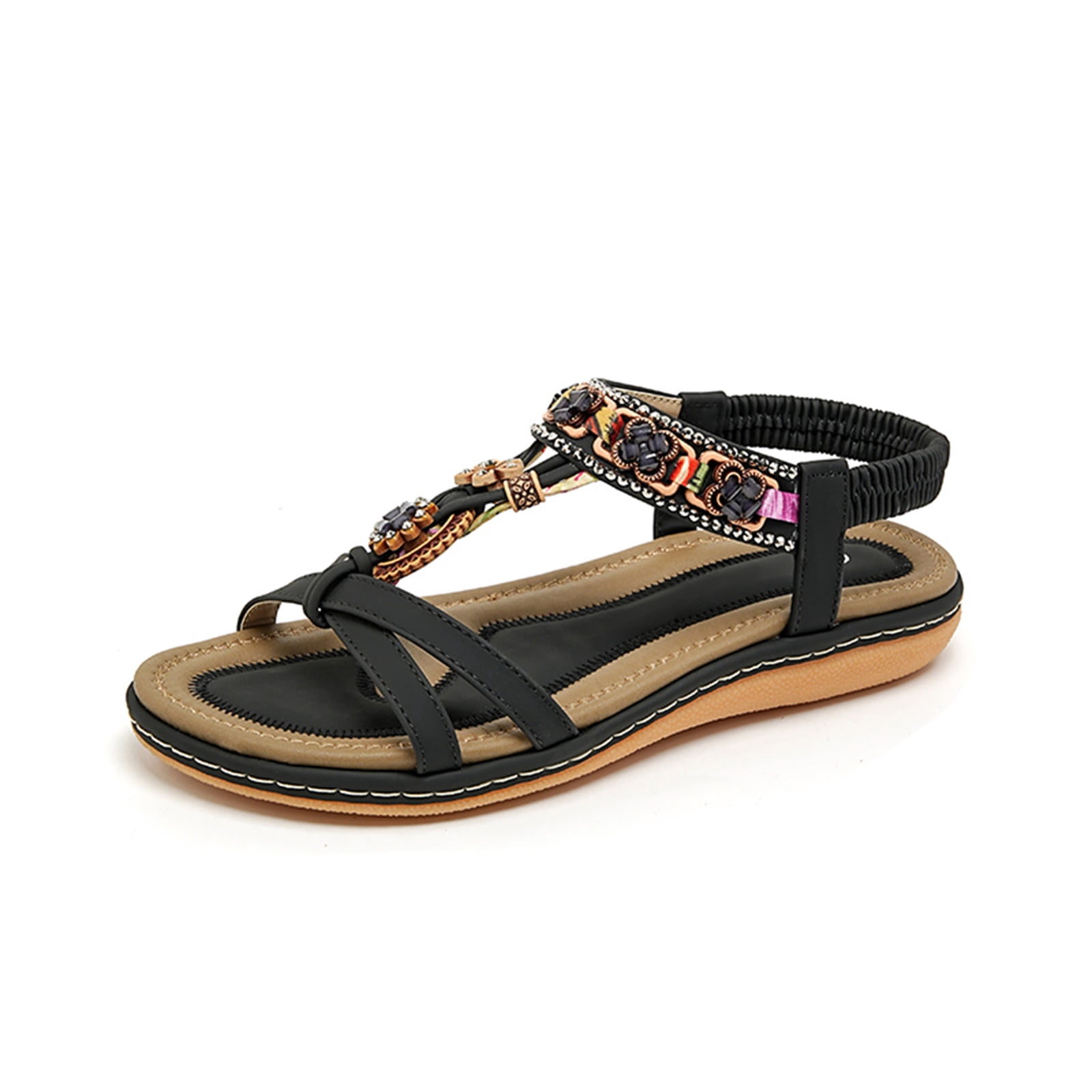 Women's sandals open toe bohemian flat style with enhanced arch support non-slip traction lasting comfortable wear sandals women designed for summer beach vacations excursions leisure,Black 35