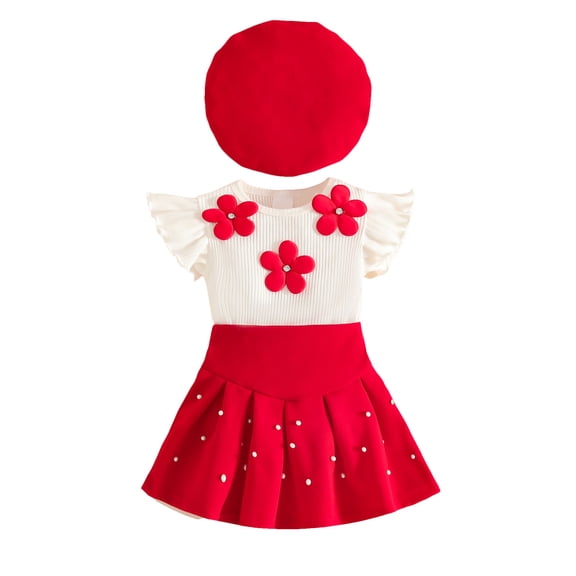 Staki Short Sets for Girls Toddler Baby Girl Clothes Summer Ribbed Knit Ruffle Short Sleeve Print T-Shirt Tops Shorts Set Outfit(Red,18-24 Months)