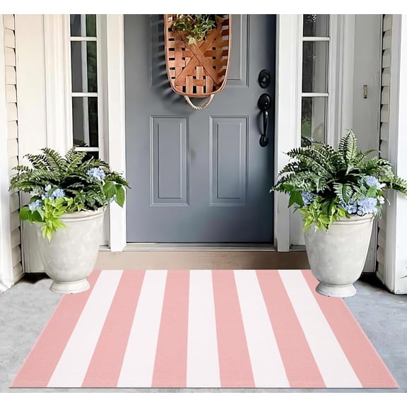 Voguly Pink White Striped Rug 24x35 Cotton Woven Washable Layered Indoor Outdoor Front Door Mat Entryway Porch