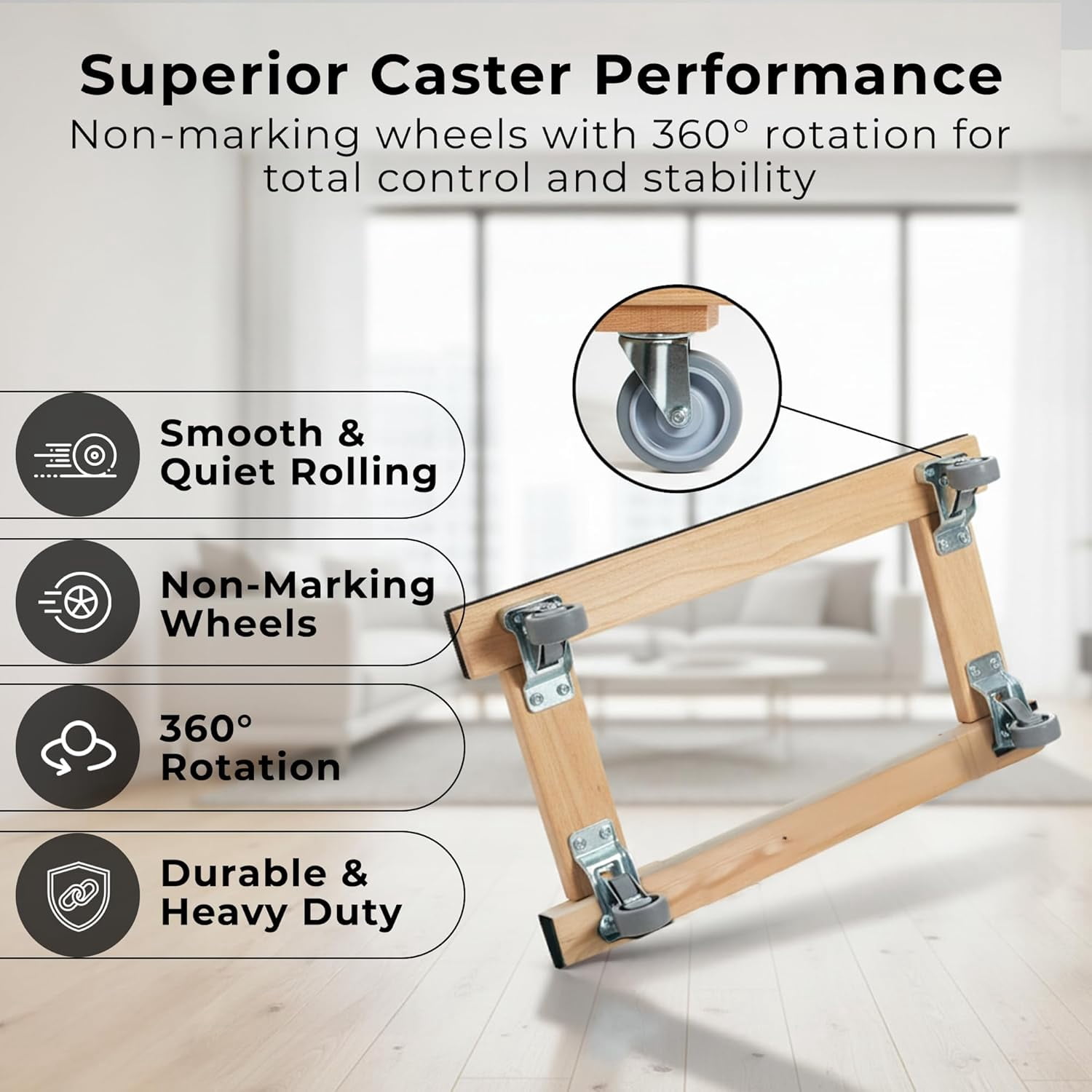 Furniture Dolly 4 Wheel Heavy Duty | Flat Moving Dolly H Frame Oak | Full Length Rubber Tread Dual Rail | 18x30