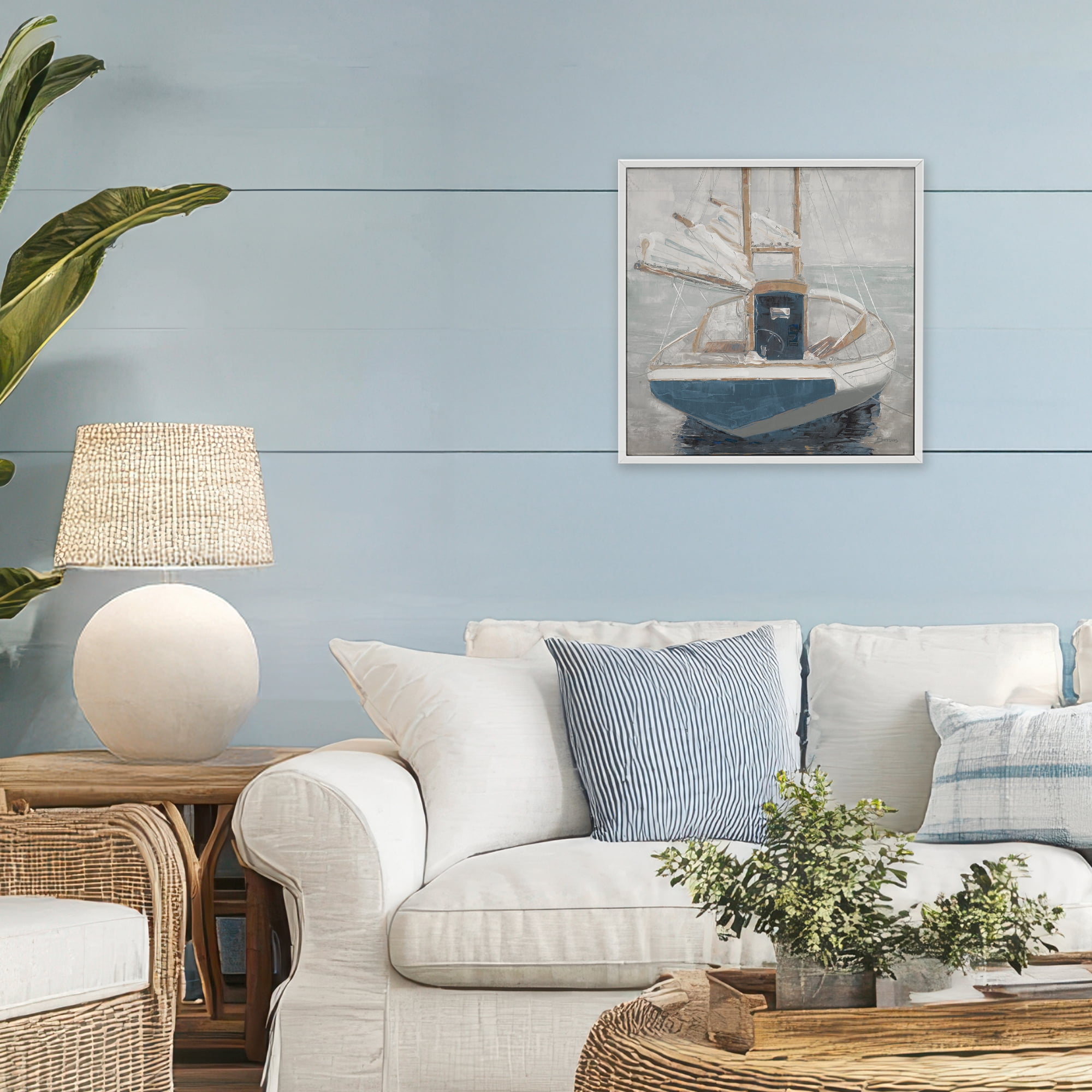 Stupell Industries Serene Harbor Sail Boat White Framed Giclee Art, design by John Burrows