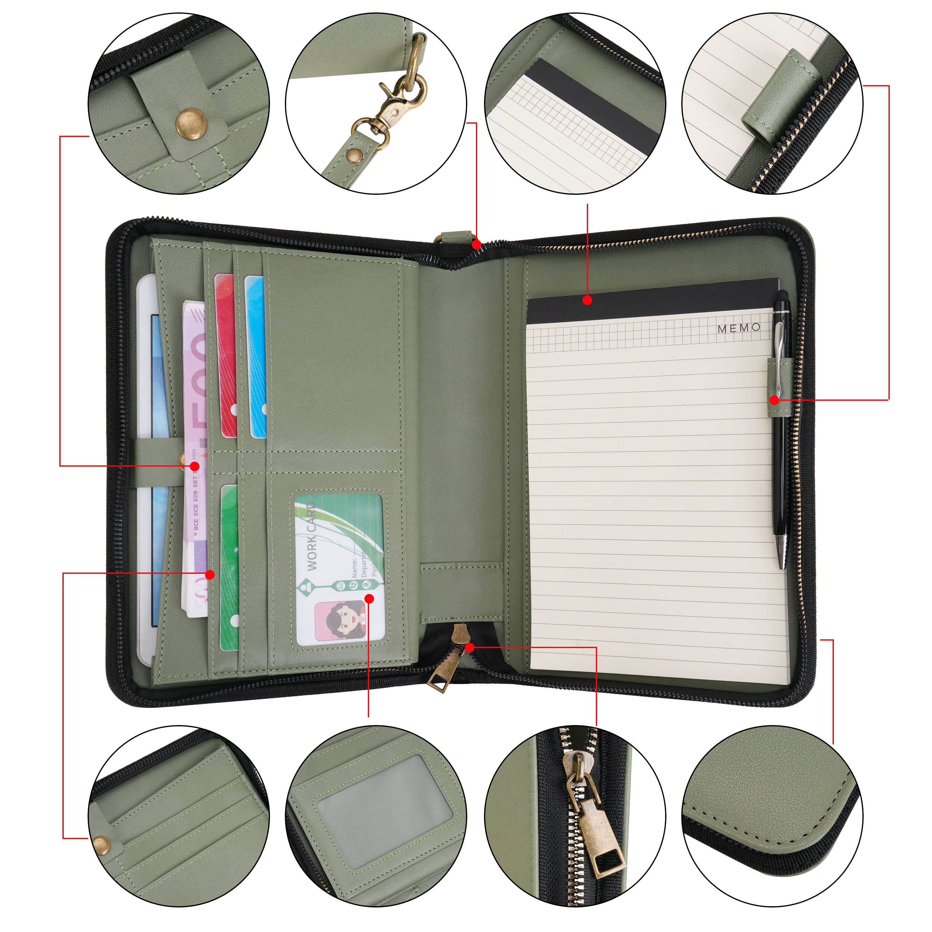WASON Portfolio A5 Binder Journal with Zipper - Leather pu Writing Notebook Padfolio with Detachable Refillable Notebook, Legal Pad for Business Study and Travel Organizer (Green)