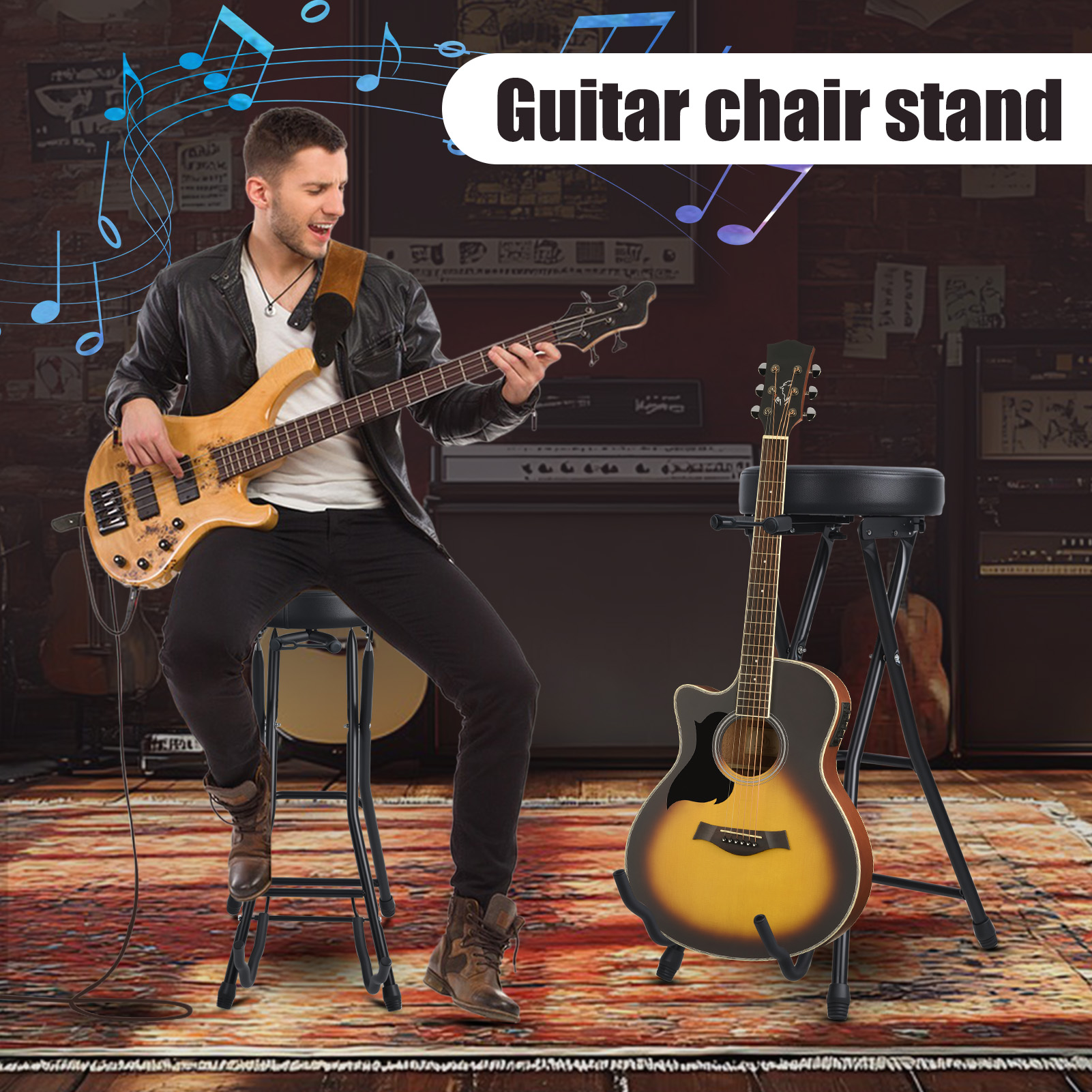Koiauber Guitar Stool with Padded Seat,Collapsible Chair with Guitar Stand,Retractable Hook,Adult Portable Folding Stool