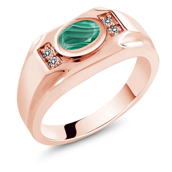 Gem Stone King Men's 18K Rose Gold Plated Silver Green Malachite and White Diamond Ring (2.13 Cttw, Gemstone Birthstone, Oval 8X6MM,, Size 12)