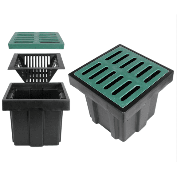 Navellon Catch Basin with Fiber Glass Grate & Debris Basket, Deep Drainage Basin for Yard/Downspout/French Drain, 17.7"x17.7"x15"