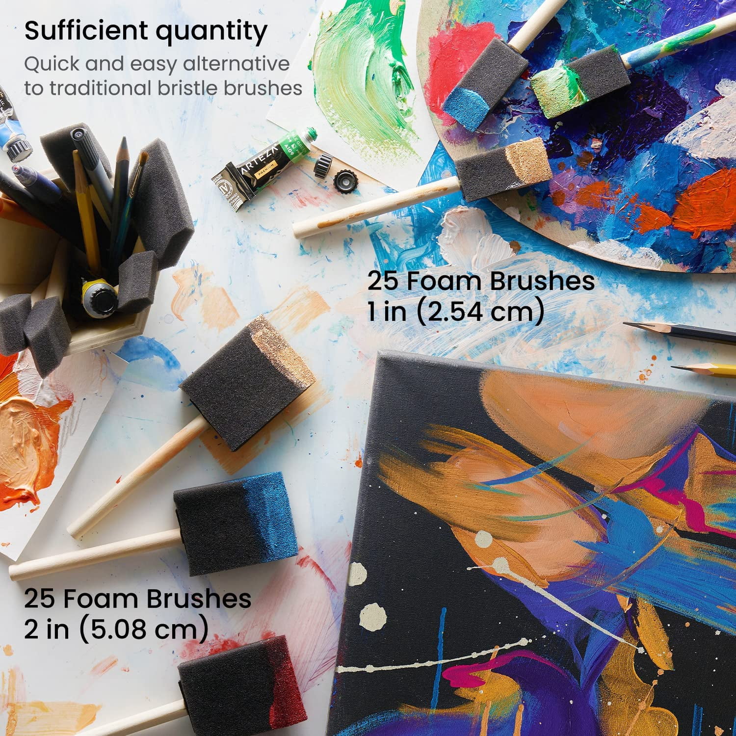 JJEAN-Foam Paint Brushes, Set of 50, Includes 25 x 1 Inch & 25 x 2 Inch Sponge Brushes