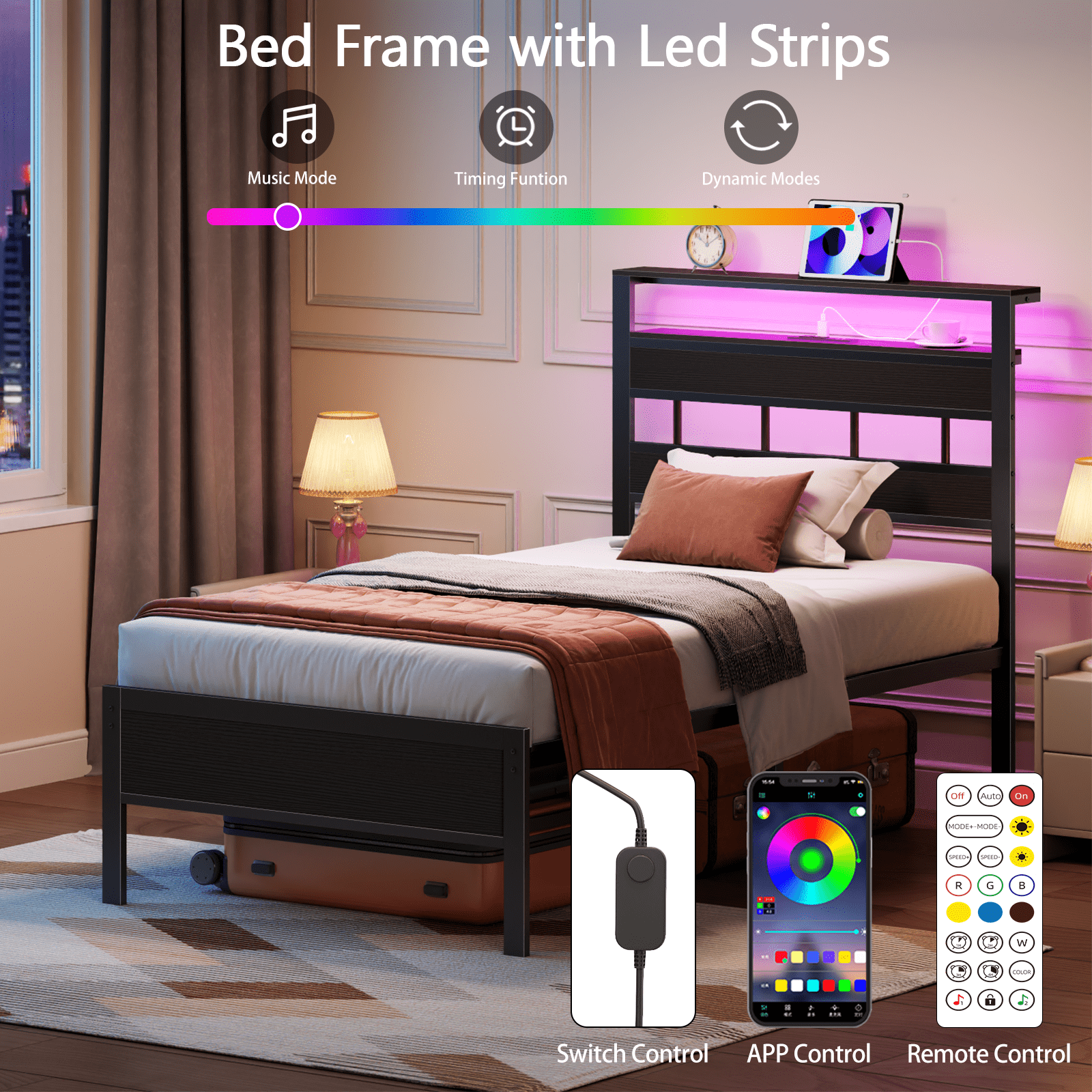Satifur Twin Size Bed Frame with Storage Headboard and LED Light, Platform Bed with Metal Slats, Noise Free Design