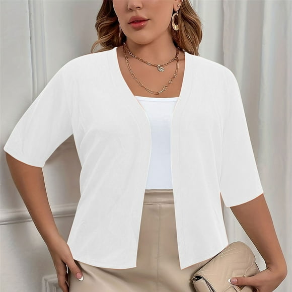 CFLVAEK Fall Cardigan Sweaters for Plus Size Women Casual Short Sleeve Open Front Shrugs Soft Solid Color Cropped Boleros Lightweight Cardigans Cover Ups