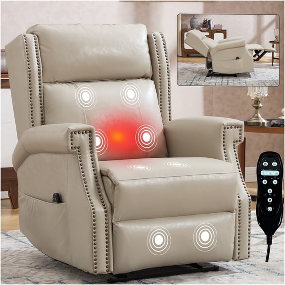 JERFIT Power Lift Recliner Chair with Massage and Heat, Beige Faux Leather Electric Standing Chair for Elderly, Heavy Duty Reclining Sofa with Remote Control for Living Room