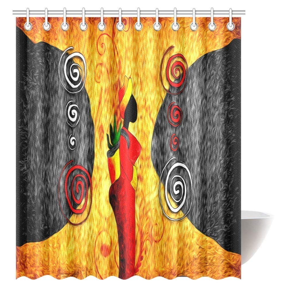 Gckg Traditional African Woman Surrounded By Swirling Motifs Savannah Female Graphic Print Bathroom Shower Curtain Set With Hooks 66x72 Inches