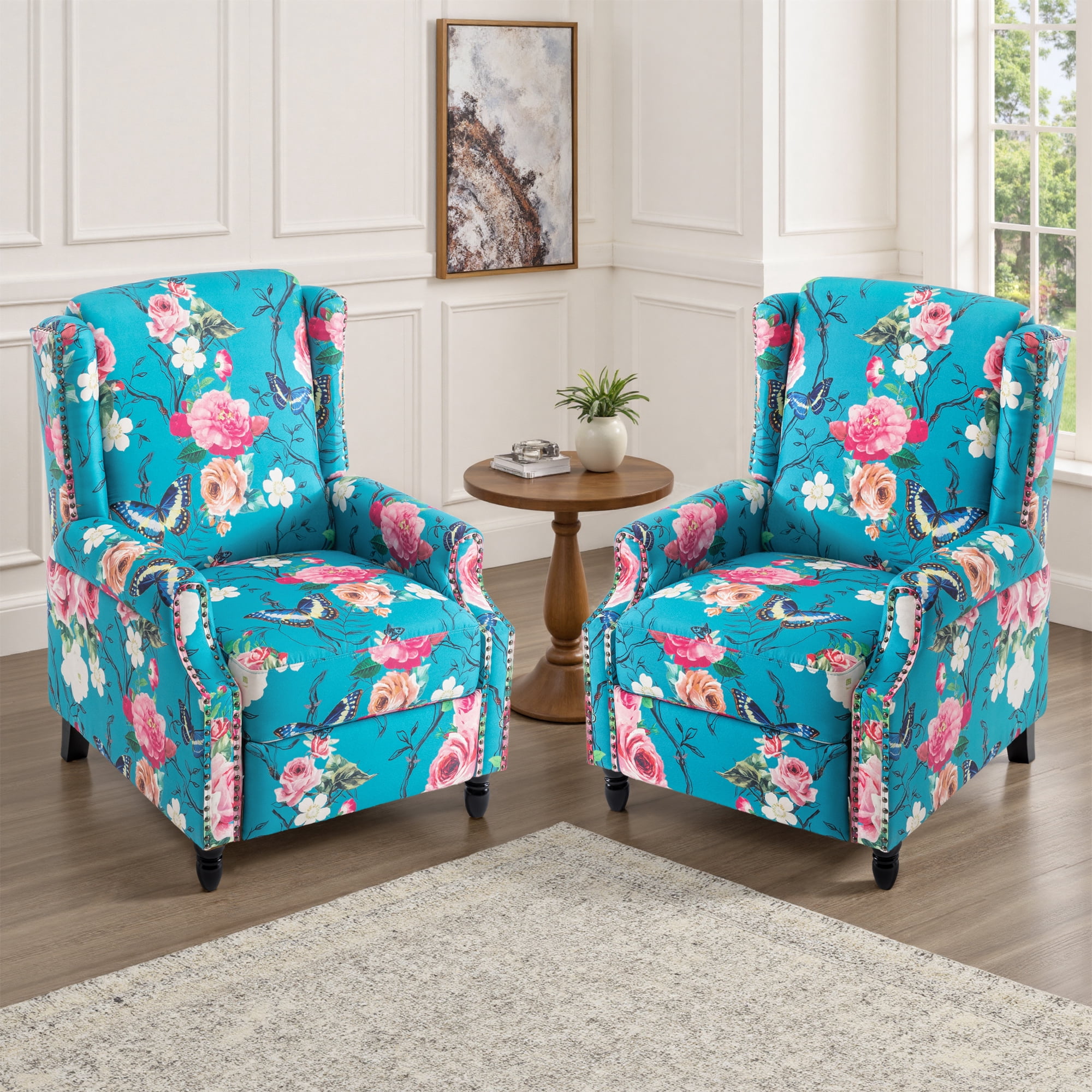 UIXE Floral Pushback Recliner Chairs Set of 2, Fabric Upholstered Armchair Push Back Accent Chair for Living Room, Rivet Trim Club Chair Home Theater Single Sofa Reading Seat, Peacock Blue