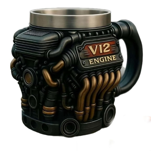 Ailezt V12 Engine Block Coffee Mug - Realistic Car Engine Design, Stainless Steel Insert & Resin Exterior, Unique Gift for Car Enthusiasts, Mechanics, Racing Fans (3.94" H)