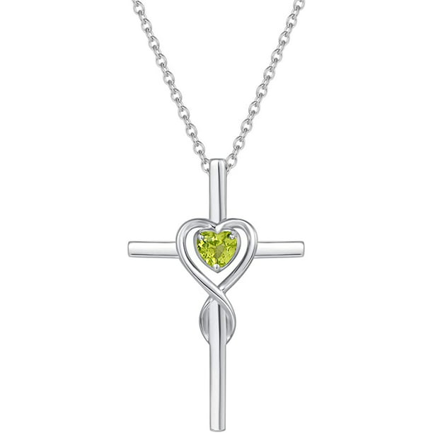 Sterling Silver Birthstone Peridot Infinity Heart Cross Crucifix Pendant  Necklace for Women Girls
