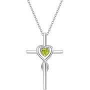 Sterling Silver Birthstone Peridot Infinity Heart Cross Crucifix Pendant Necklace for Women Girls