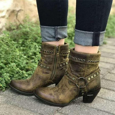 

LnjYIGJ High Heels Shoes Women Fashion Shoes Breathable Chunky High Heels Retro Zipper Short Boots