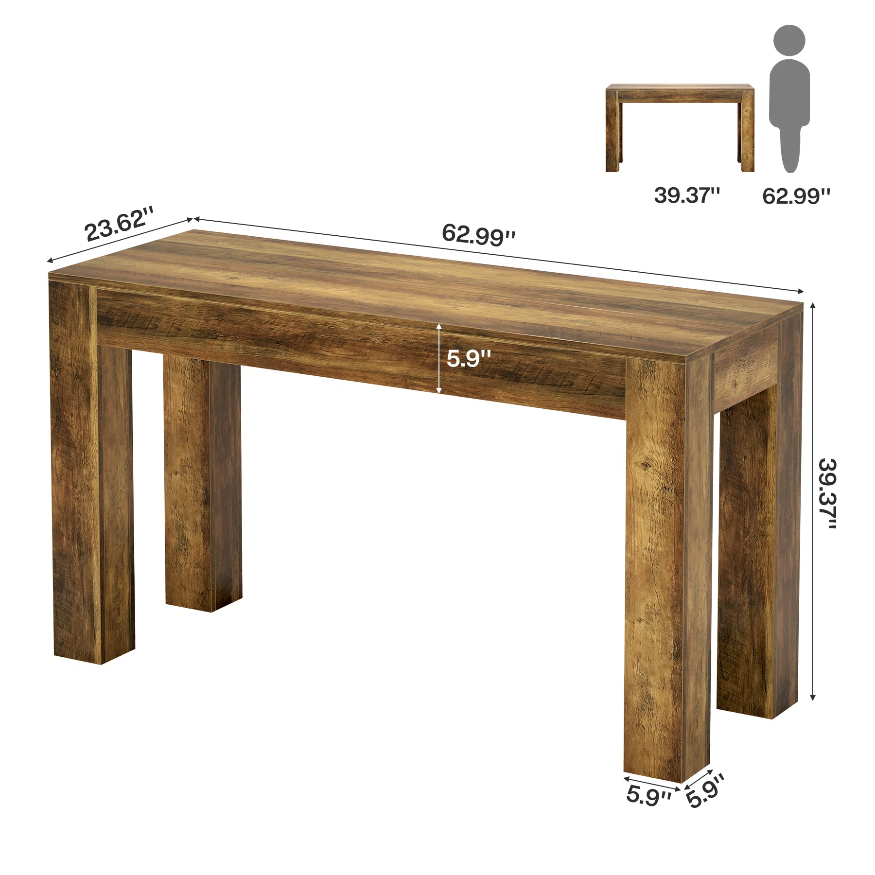 Hommoo 63 Inch Rectangular Counter Height Bar Table, Farmhouse Style Pub Table with Sturdy Legs for Kitchen, Dining, or Home Office, Rustic Brown