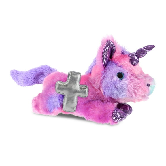 DolliBu Monday Pink Unicorn Stuffed Animal with Silver Cross Plush - Religious Baby Baptism Gifts for Boys and Girls, Dedication Christening Gifts Plush Prayer Toy Healing Teddy Bear - 10.5 Inches