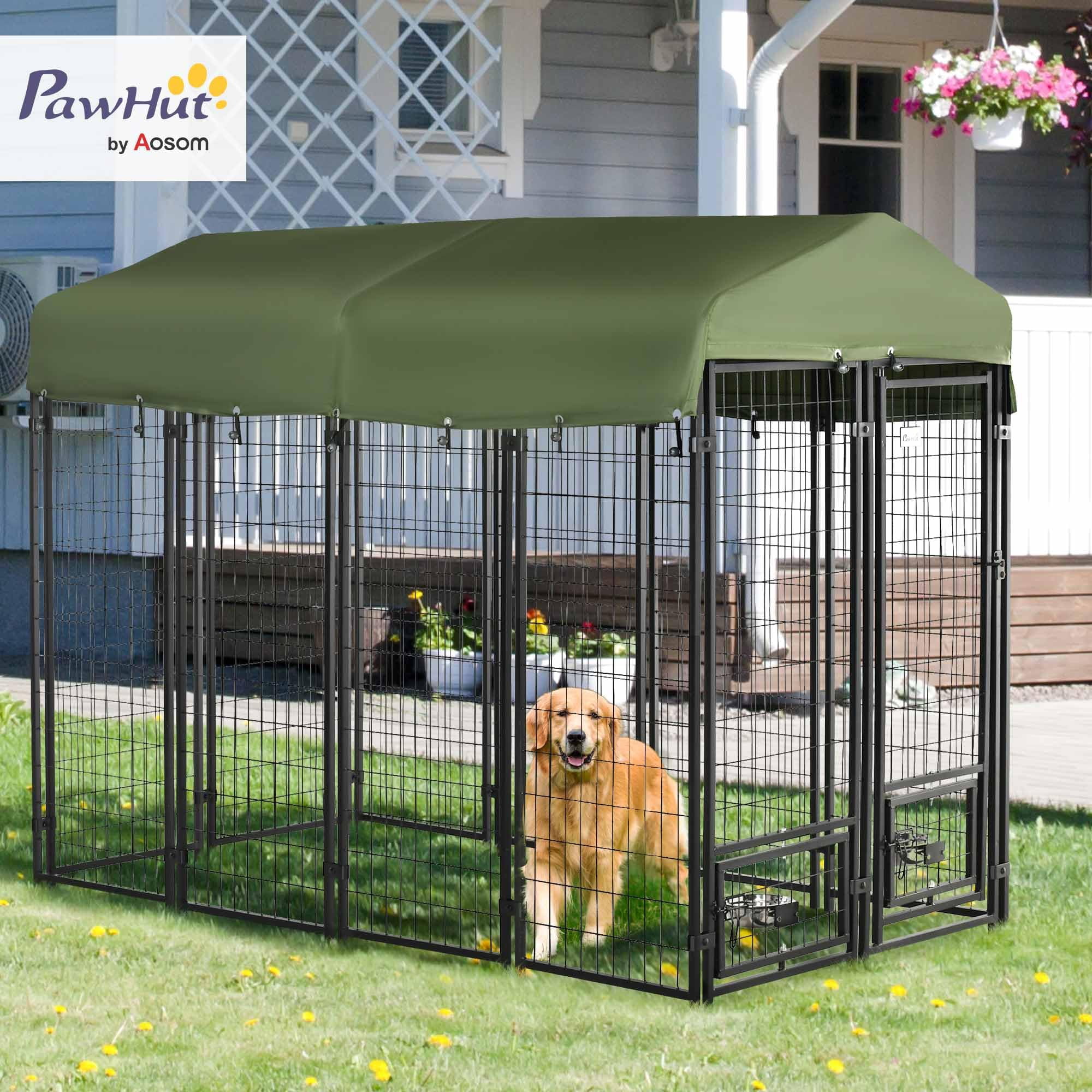8x4x6 Feet Outdoor Dog Kennel for Small Medium Large Dogs, Heavy Duty Welded Wire Dog Run with 360° Rotating Bowls, Waterproof UV Resistant Cover, Secure Pet Playpen, Green