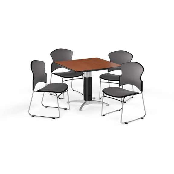 OFM Multi-Use Break Room Package, 42" Square Table with Fabric Stack Chairs, Cherry Finish with Metal Mesh Base and Gray Seats (PKG-BRK-048)