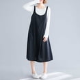 thumbnail image 3 of Cotton Linen Pina fore Dress Wide Straps Buttoned Chest Pockets Open Back A Line Casual Loose Overall Dress, 3 of 7