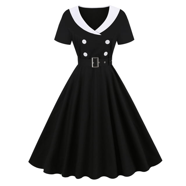 Robe Vintage à Manches Courtes pour Femmes Style Audrey Hepburn Années 1950 Rétro Rockabilly Ceinturée Cocktail Swing Tea Party