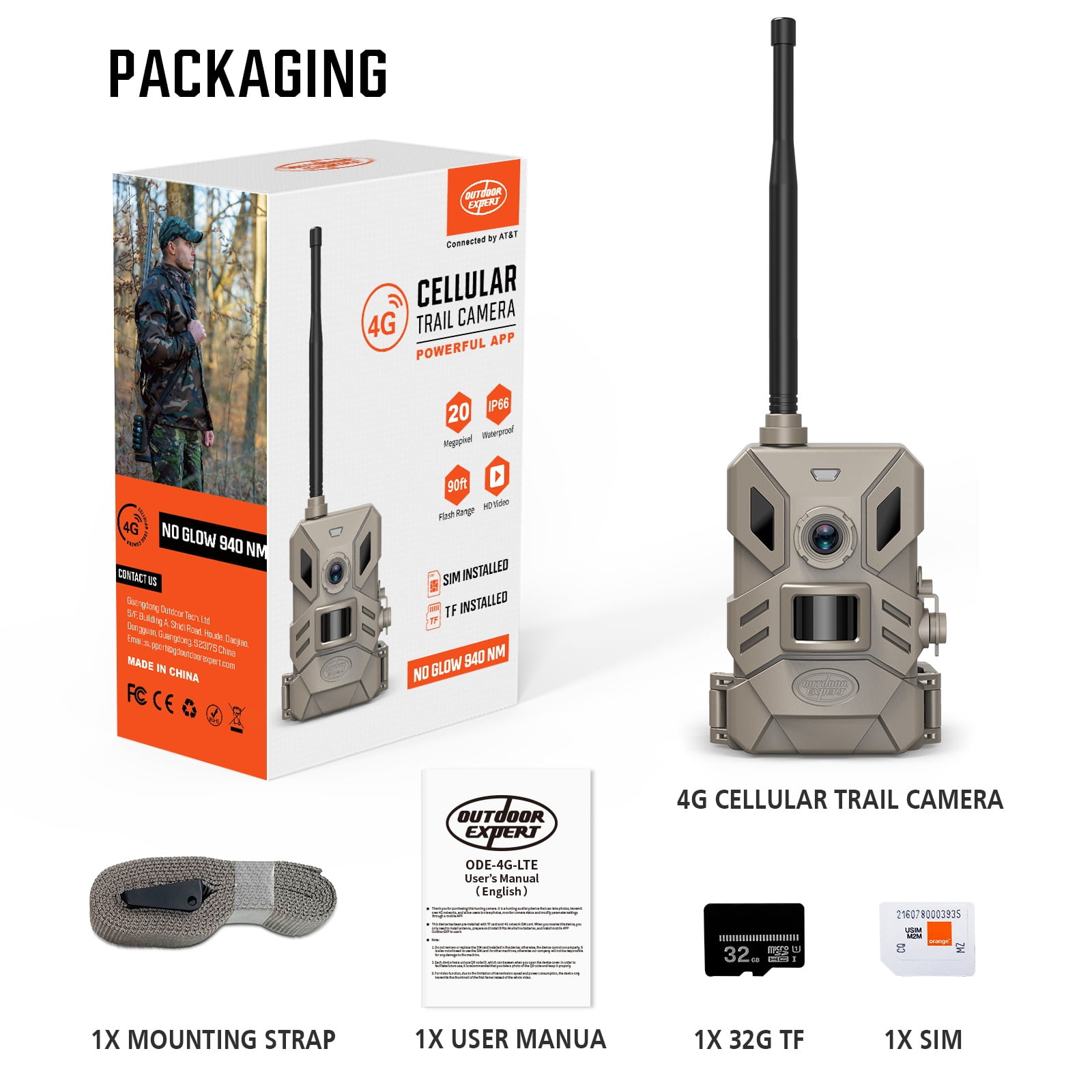 OUTDOOR EXPERT 4G Cellular Trail Camera,36MP Hunting Camera with No Glow 940nm IR Led Night Vision,HD Video IP66 Waterproof Game Cam,90FT Flash Range Wildlife Monitor