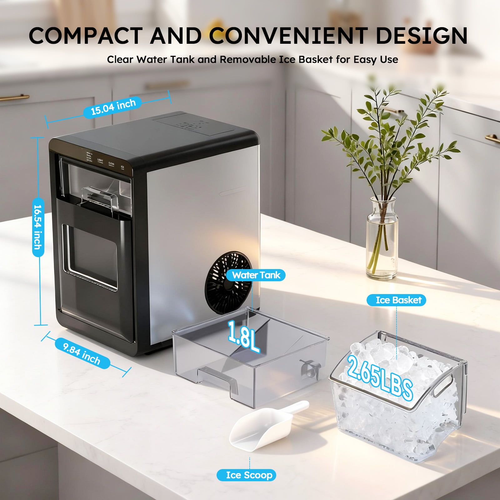 Nugget Ice Maker Countertop, 44Lbs/24H Pebble Ice Maker Machine, Self-Cleaning Countertop Sonic Ice Makers