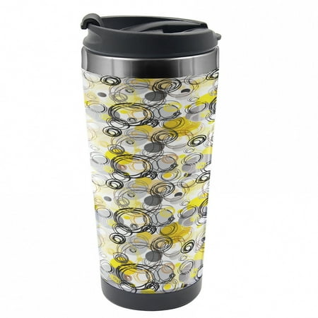 

Grey and Yellow Travel Mug Sketchy Circles Steel Thermal Cup 16 oz by Ambesonne