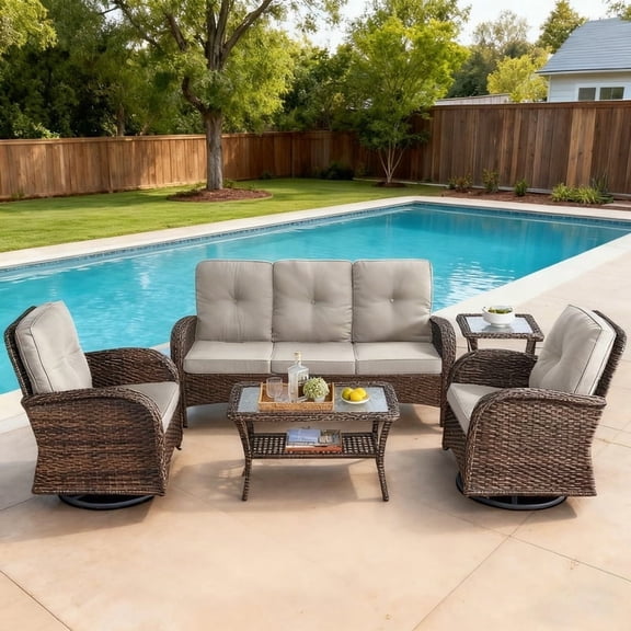 Giantfurnni Outdoor Furniture Sets with Swivel Rocking Chairs, 5 Piece Patio Wicker Conversation Sofas with Coffee Table and Side Table for Backyard Porch Garden, Beige