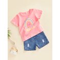 thumbnail image 3 of Franhais Kids Girl Short Sleeve Tops + Denim Shorts, Rainbow Letter Print Round Neck Casual Style Summer Clothing, 3 of 9