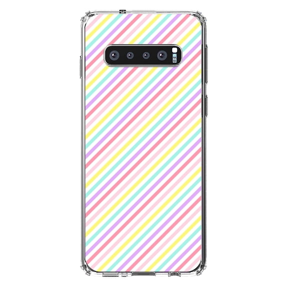 DistinctInk Clear Shockproof Hybrid Case for Samsung Galaxy S10 (6.1" Screen) - TPU Bumper, Acrylic Back, Tempered Glass Screen Protector - Rainbow Diagonal Stripes Pattern