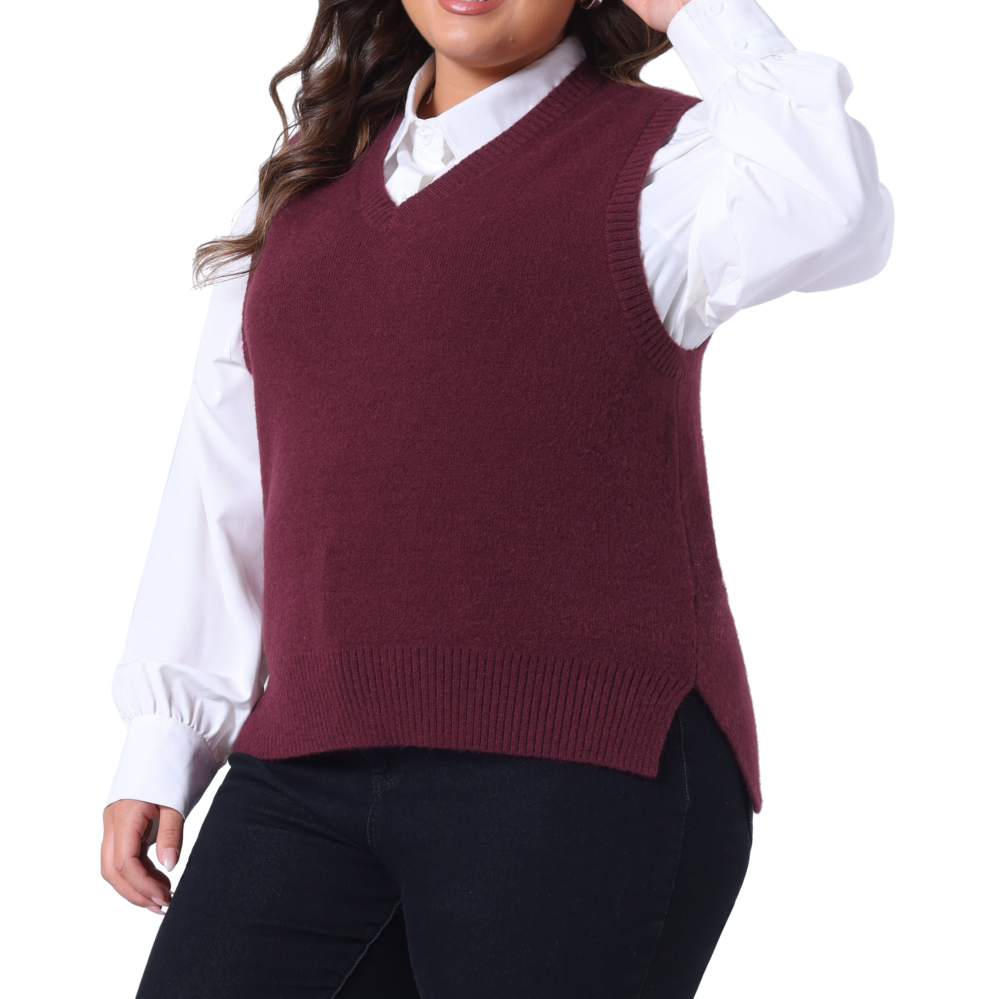 DARING DIVA Women's Plus Size V Neck Knit Sweater Vest 3X Burgundy