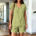thumbnail image 3 of Pounoo Sets for Women 2 Piece V Neck Short Sleeve Top Elastic Waist Shorts Casual Summer Beach Vacation Matching Outfits, 3 of 9