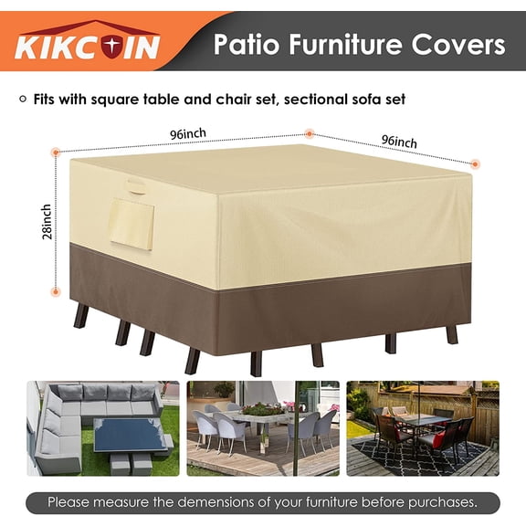Furniture Covers Waterproof for Table and Chairs, Square Outdoor Furniture Set Cover, Anti-Fade, Tear/Water Resistant Furniture Set Covers, 96" L x 96" W x 28" H