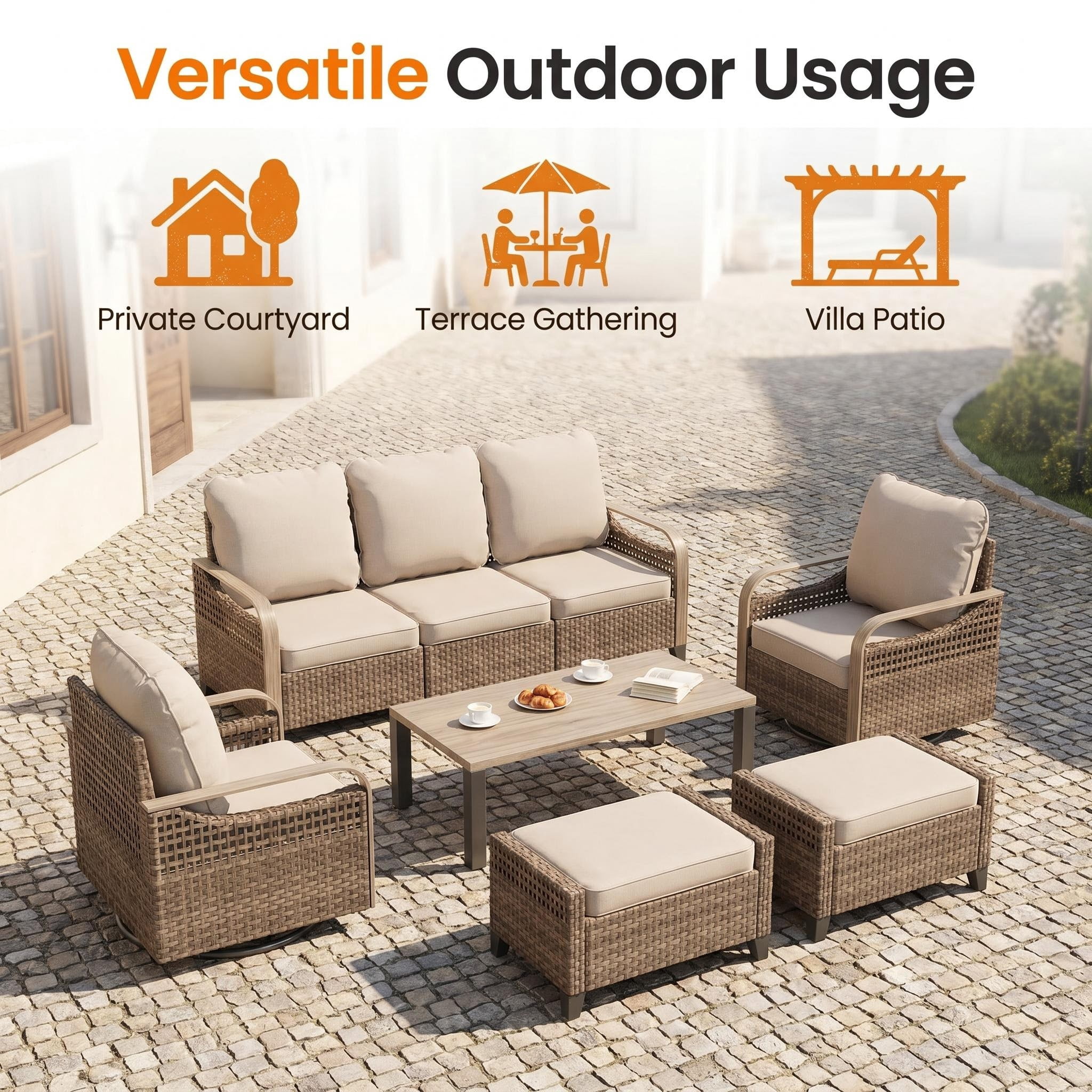 Poteban Outdoor Patio All Weather Wicker Furniture Sets,with Coffee Table, Sofa, Swivel Rocking Chair and Ottoman,for Pool, Backyard, Garden, 8 Pieces