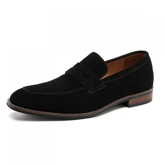 Men's Black Suede Leather Penny Loafers, Slip-On Formal Business Casual Shoes with Low Block Heel
