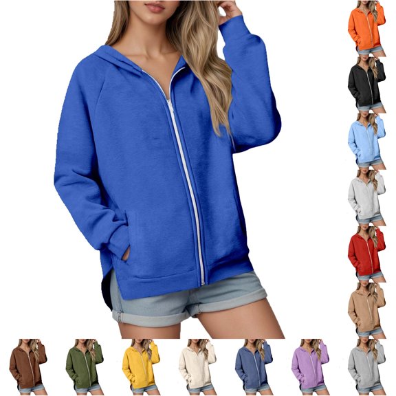 MEZZALL Sweatshirts For Women Solid Color Long Sleeve Hoodies Casual Drawstring Jacket Zipper Basic Daily Outdoor Classic Travel Tops