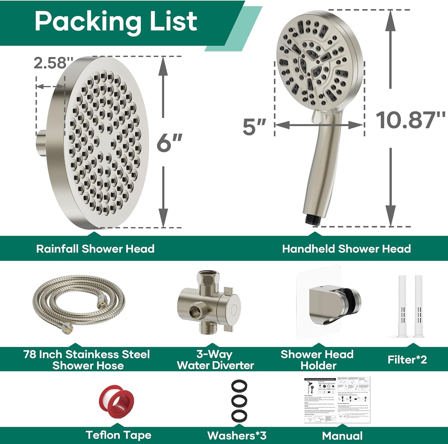 Shower Head with Handheld Spray Combo,6" High Pressure Rain ShowerHead,5" Dual Double Handheld Shower Head with 10-Mode 78" Hose Brushed Nickel