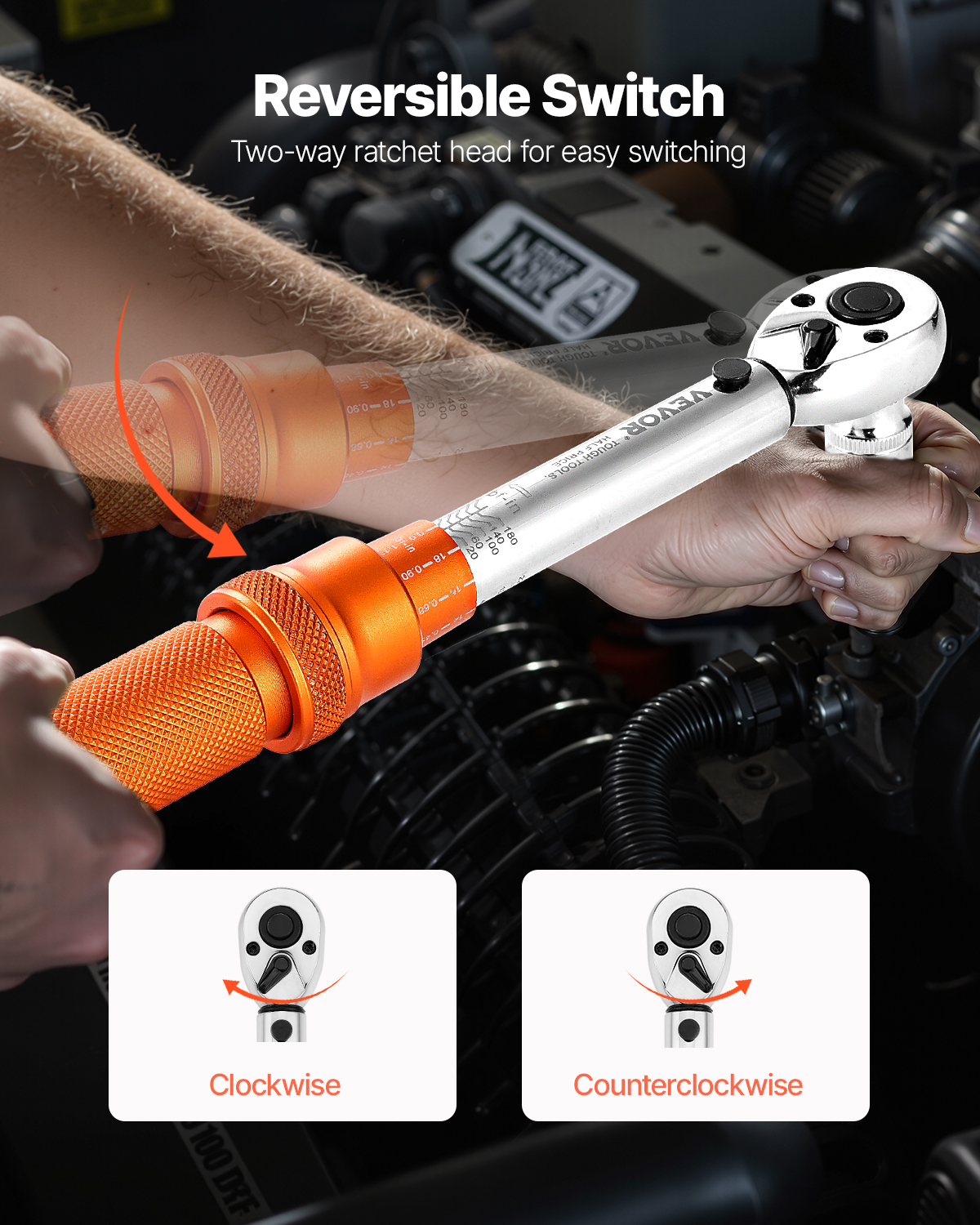 VEVOR Click Torque Wrench Set, 1/4Inch Drive, 20-200lbf-in/2.3-22.6N.m, Dual-direction and Dual Range Scales, 72-Tooth, ±3% High Precision,with Bit Sockets Extension Bar,for Bicycle Repair,Orange