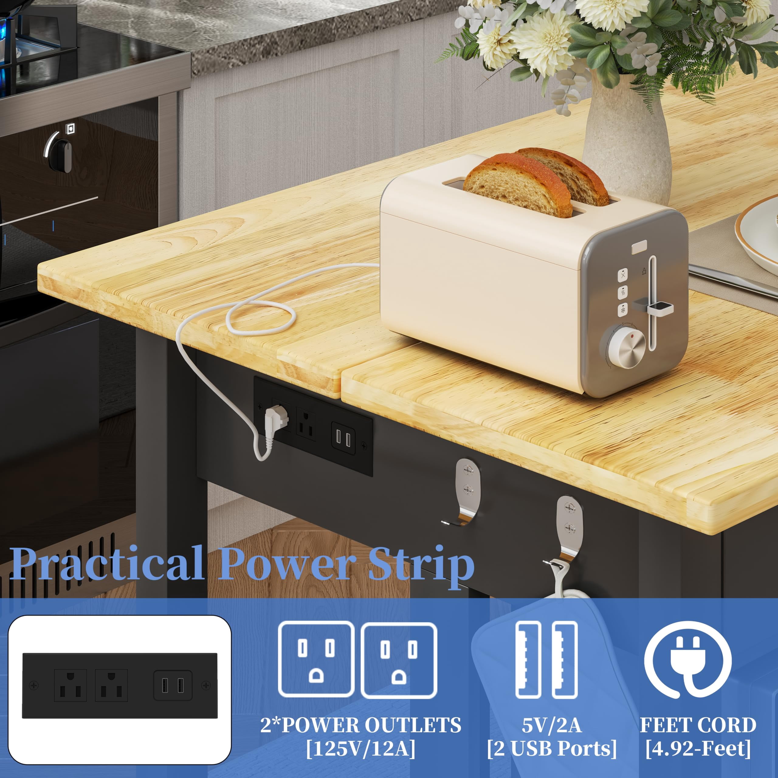 ChicZhiNest Kitchen Island with Power Outlet, 47.3" Rubber Solid Wood Countertop Kitchen Island with 2 Storage Drawers and 6 Hooks, Black