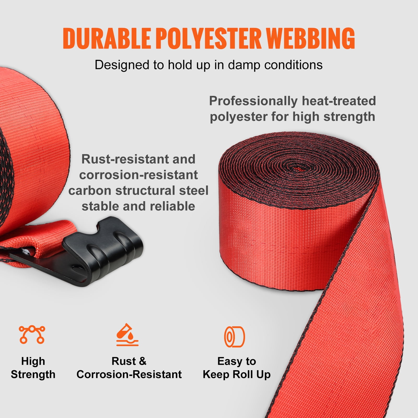 KFFKFF Tie-Down Straps, 4-inch x 30-ft, Load Support 6000 lbs, Max Tension 18000 lbs, Red Flat Hook Straps for Secure Hauling on Trailers, Farms, Emergency Services, Tree Protection, 10 Units