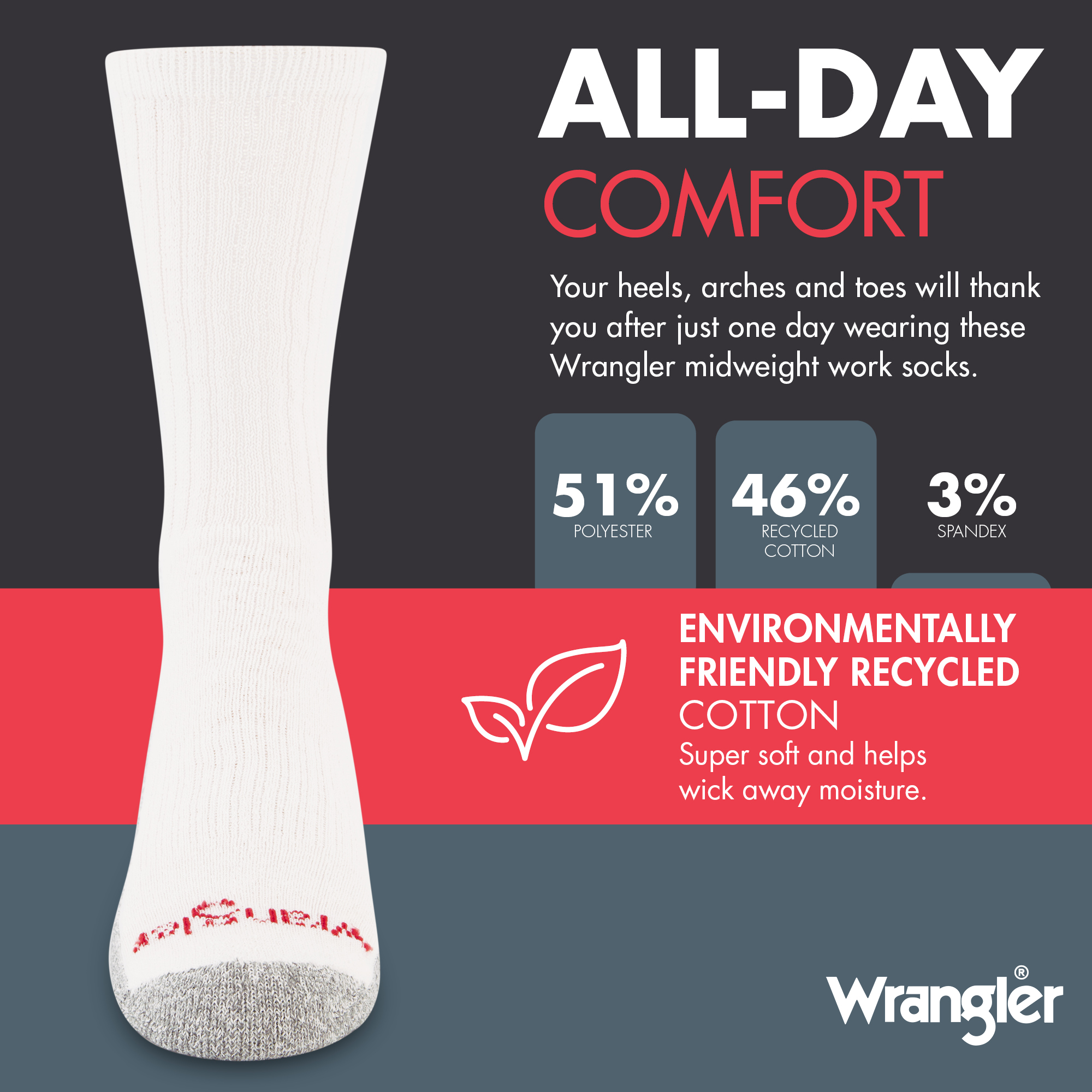 Wrangler Men's Cushion Crew Work Socks, 6-Pack, White photo 4