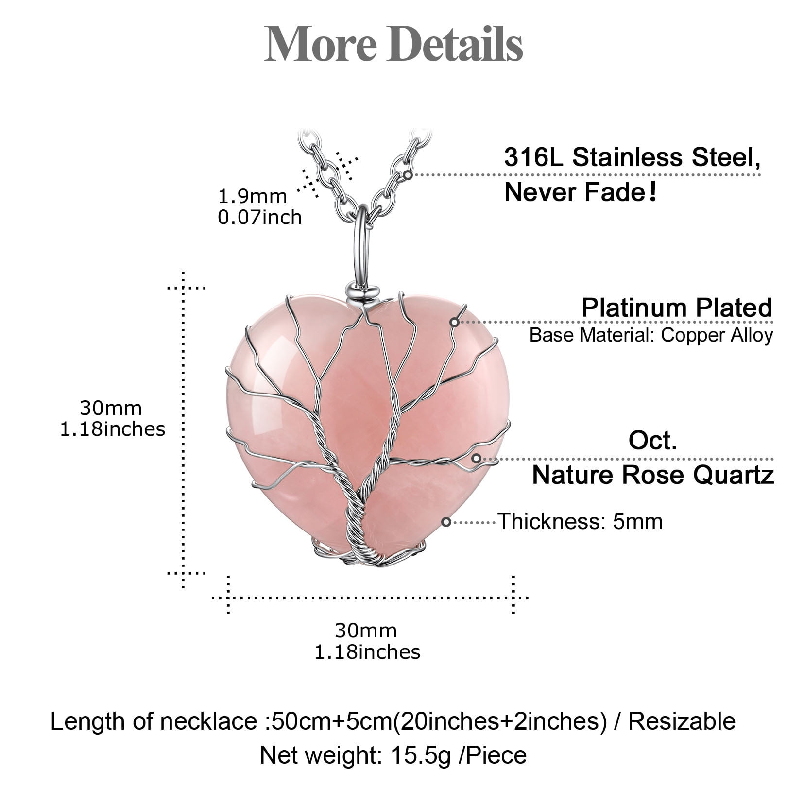 FOCALOOK October Natural Rose Quartz Heart Birthstone Necklaces for Women Wire Wrapped Tree of Life Necklace Spiritual Reiki Healing Crystal Stone Birthday Christmas Jewelry Gift