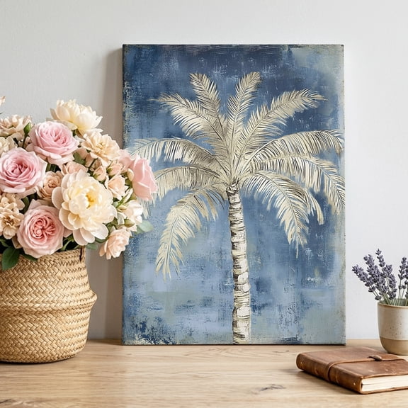 Canvas Wall Art Palm Tree Canvas Art Print Tropical Plant Summer Blue Abstract Pictures Wall Decor for Living Room Bedroom Artwork Decorations Stretched Framed Ready to Hang 8"x10"