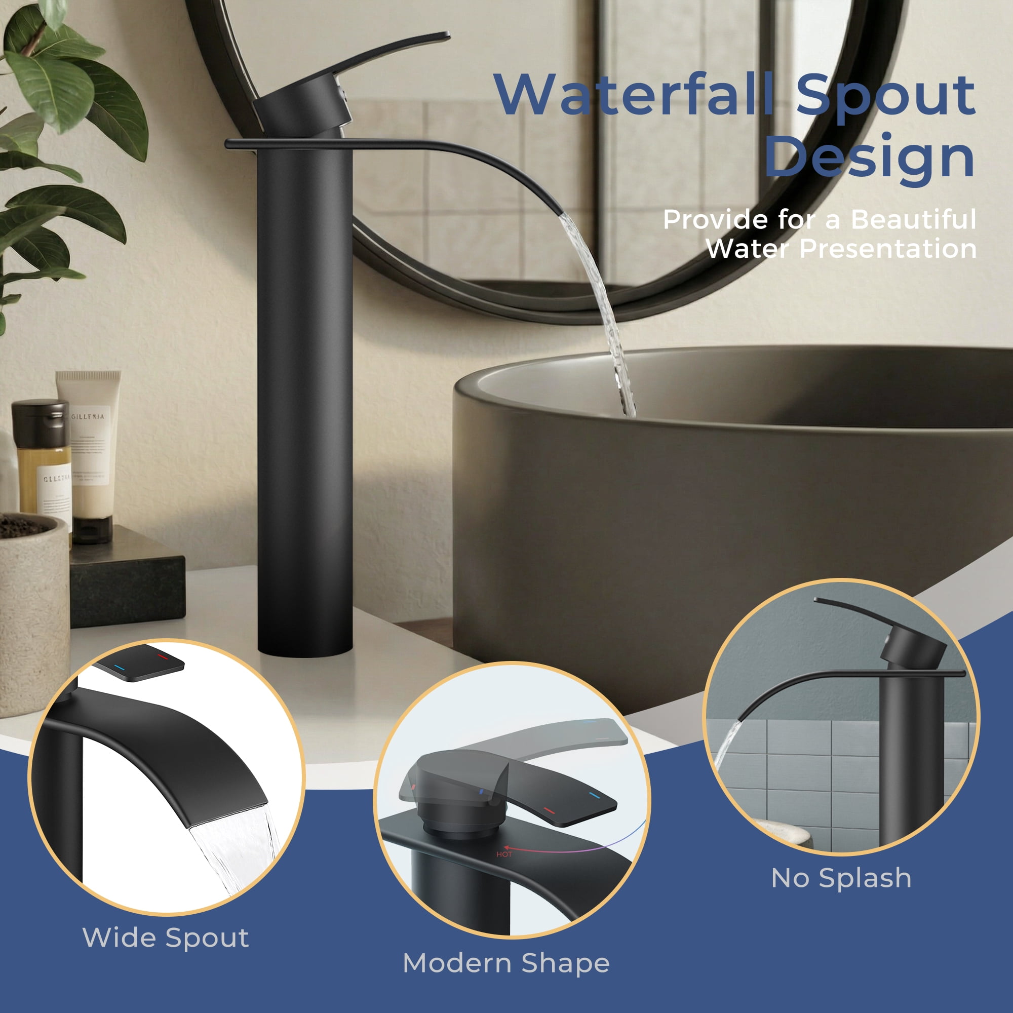 TVOFEK Tall Waterfall Bathroom Vessel Sink Faucet Single Handle, One Hole Matte Black Bathroom Faucet with Metal Pop up Drain and cUPC Hoses, 11 inch Faucet for Basin Bath