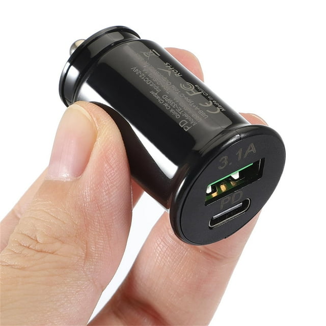 Car Charger PD+USB Dual Port, 15W Max, ABS Material, Black/White, for Mobile Phone Charging